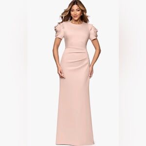 Xscape Blush Pink Maxi Dress with Ruched Sleeves
